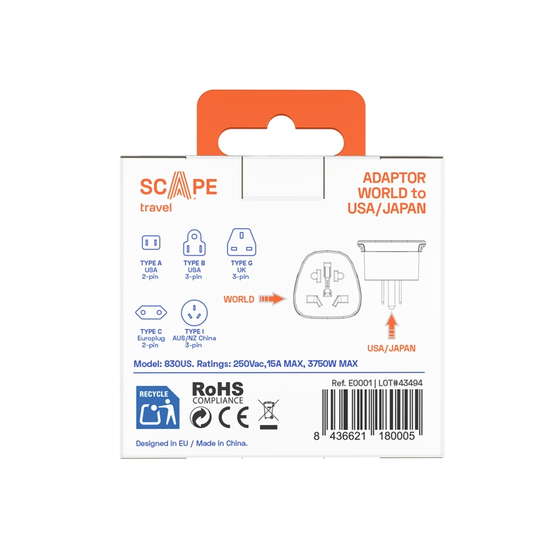 Scape Travel World to US Travel Adapter