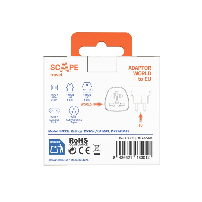 Scape Travel World to EU Travel Adapter (Schuko)