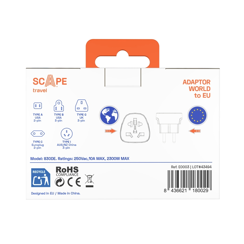 Scape Travel Set of 2 World to EU Travel Adapter (Schuko)
