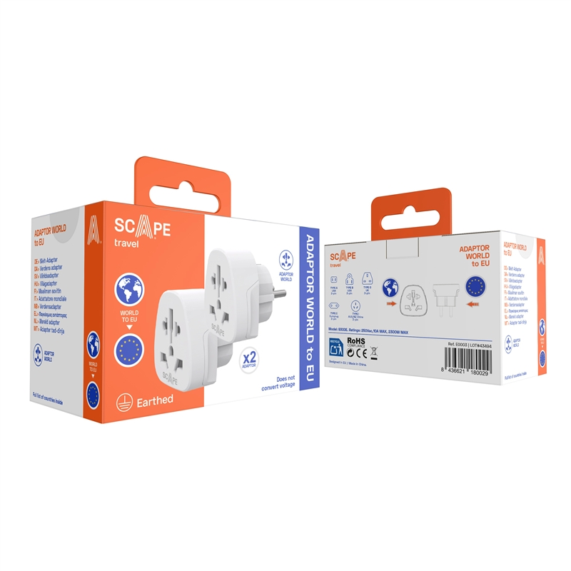 Scape Travel Set of 2 World to EU Travel Adapter (Schuko)