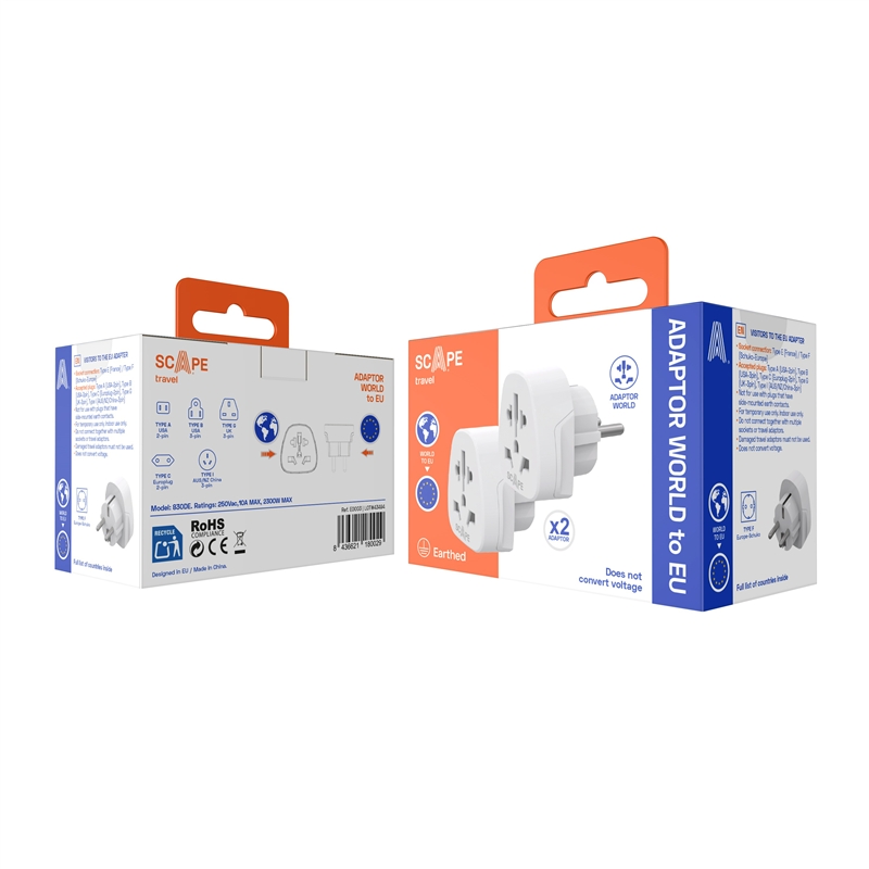 Scape Travel Set of 2 World to EU Travel Adapter (Schuko)