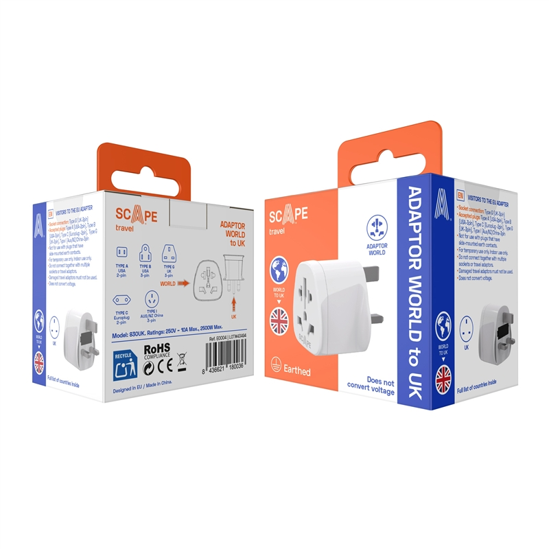 Scape Travel World to UK Travel Adapter