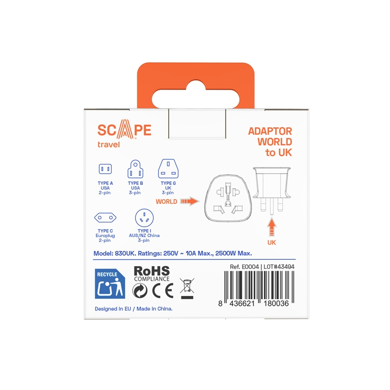 Scape Travel World to UK Travel Adapter