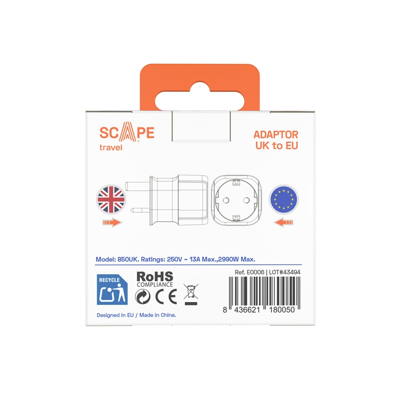 Scape Travel EU Schuko to UK Adapter with plug