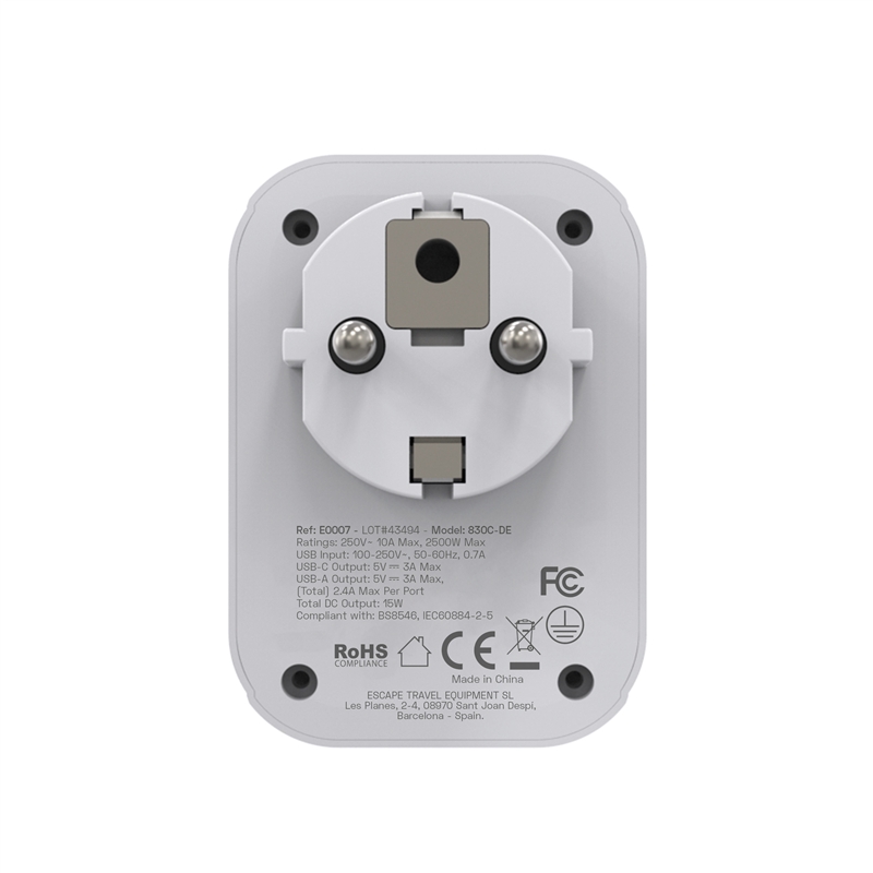 Scape Travel World Travel Adapter to Schuko with 1 USB-C + 2 USB-A 15W