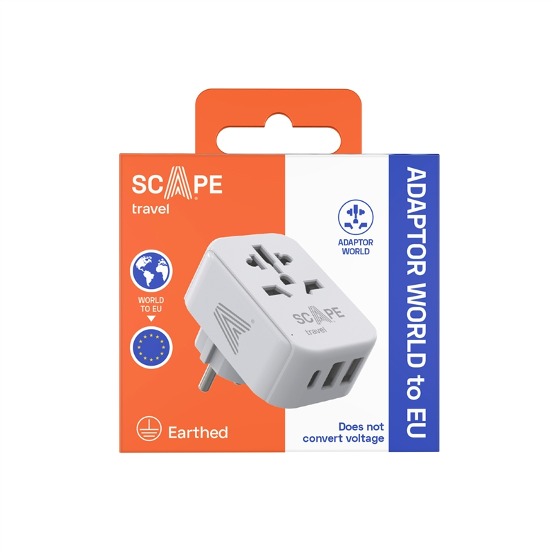 Scape Travel World Travel Adapter to Schuko with 1 USB-C + 2 USB-A 15W
