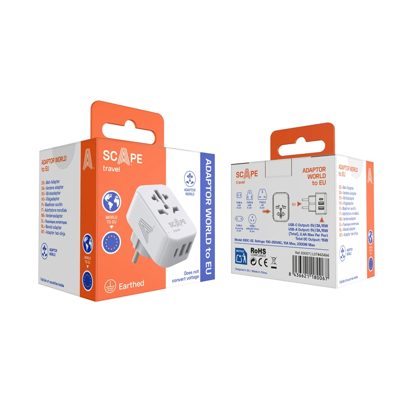 Scape Travel World Travel Adapter to Schuko with 1 USB-C + 2 USB-A 15W