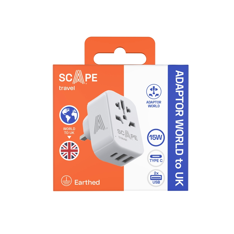 Scape Travel World Travel Adapter to UK with 1 USB-C + 2 USB-A 15W