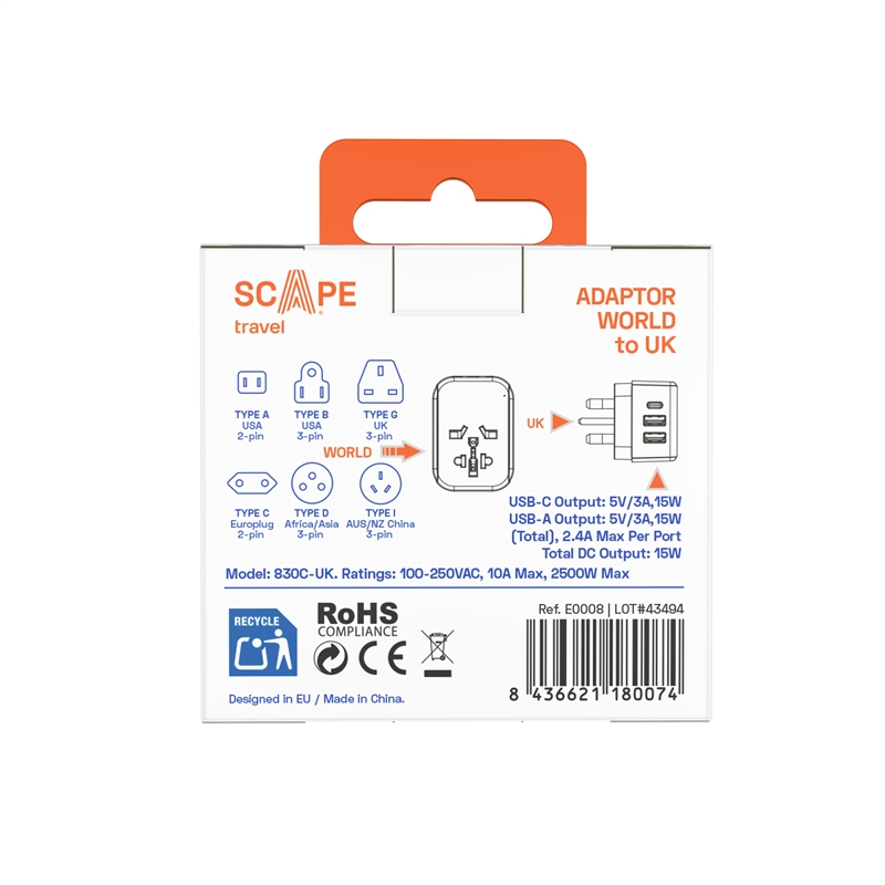 Scape Travel World Travel Adapter to UK with 1 USB-C + 2 USB-A 15W