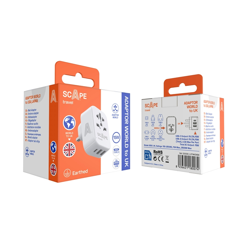 Scape Travel World Travel Adapter to UK with 1 USB-C + 2 USB-A 15W