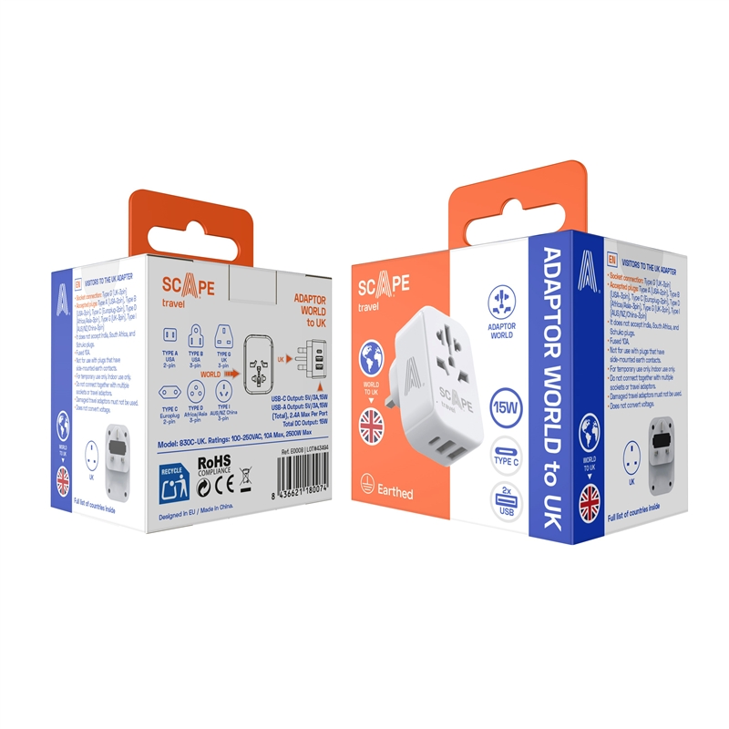 Scape Travel World Travel Adapter to UK with 1 USB-C + 2 USB-A 15W