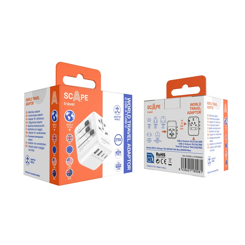 Scape Travel World Travel Adapter with 2 USB-C + 2 USB-A 21W