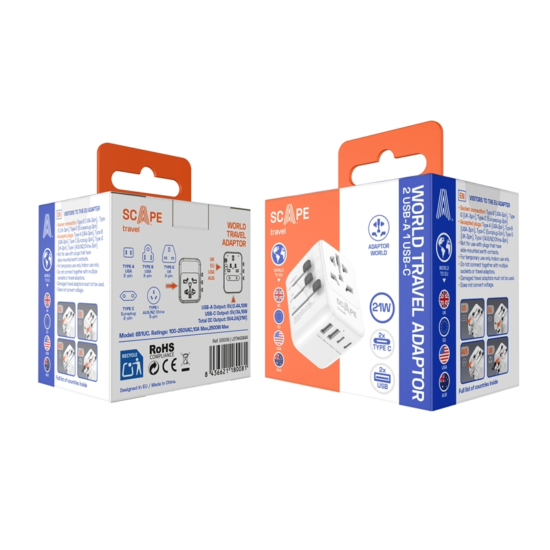 Scape Travel World Travel Adapter with 2 USB-C + 2 USB-A 21W