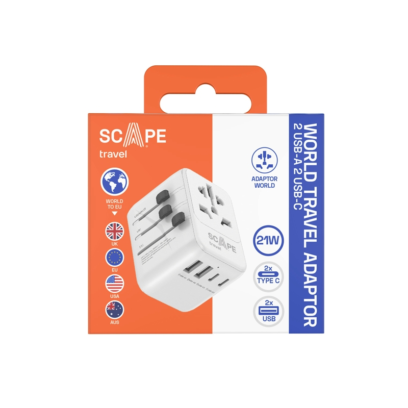 Scape Travel World Travel Adapter with 2 USB-C + 2 USB-A 21W