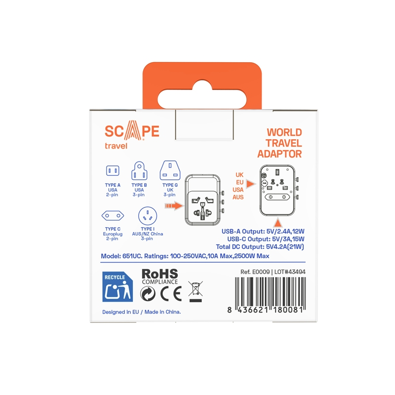 Scape Travel World Travel Adapter with 2 USB-C + 2 USB-A 21W