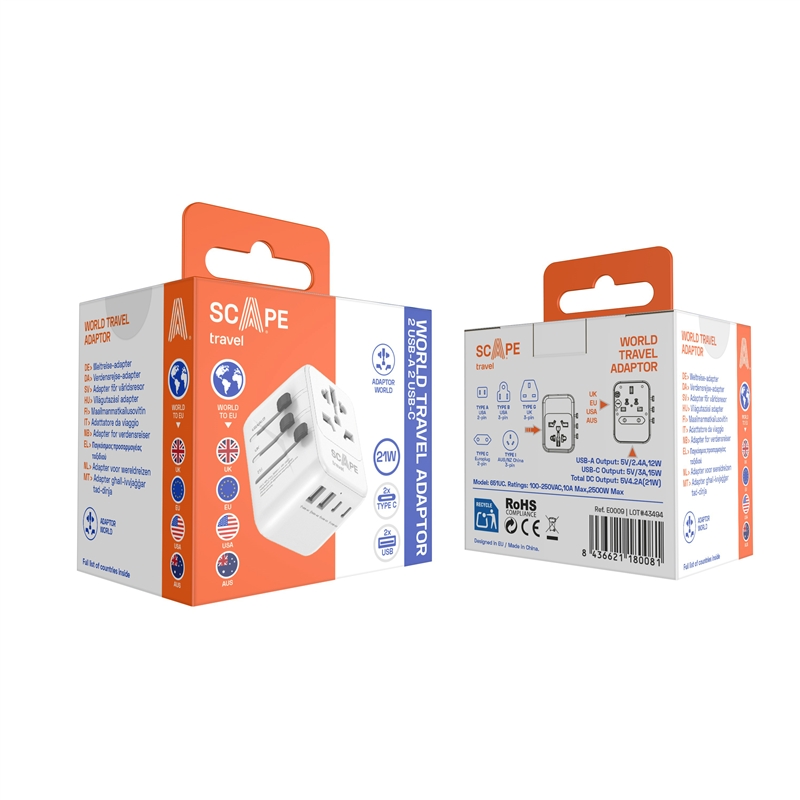 Scape Travel World Travel Adapter with 2 USB-C + 2 USB-A 21W