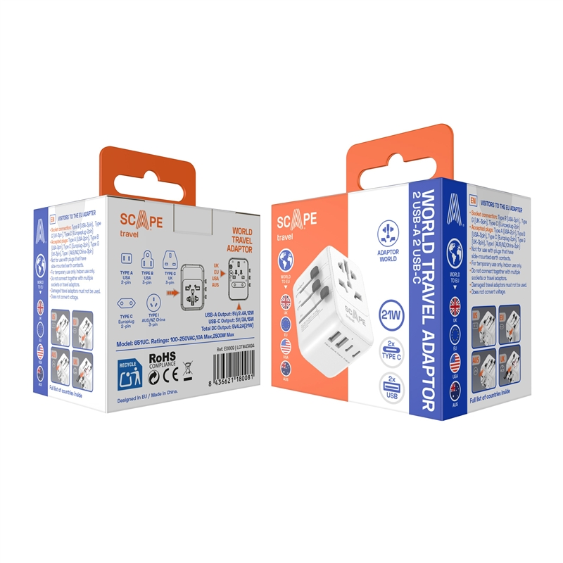 Scape Travel World Travel Adapter with 2 USB-C + 2 USB-A 21W