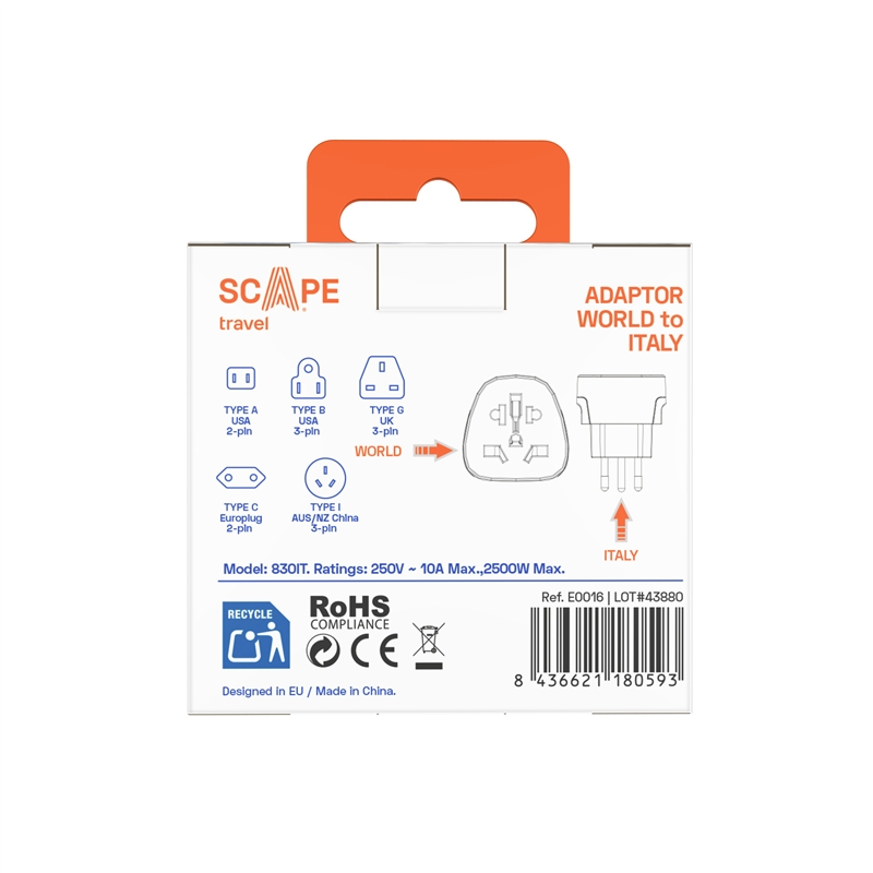 Scape Travel World to Italy Travel Adapter