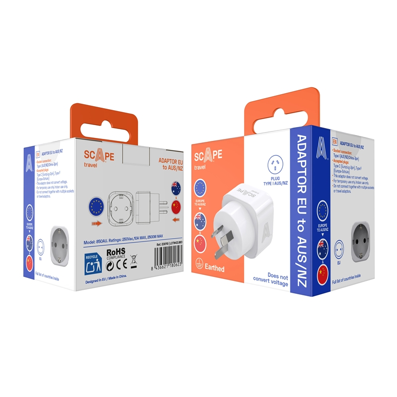 Scape Travel EU Schuko to Australia/China Adapter with plug