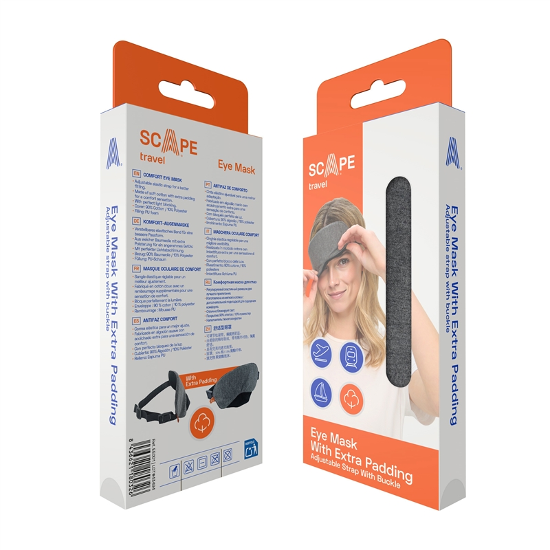 Scape Travel Eye mask with adjustable strap and grey buckle