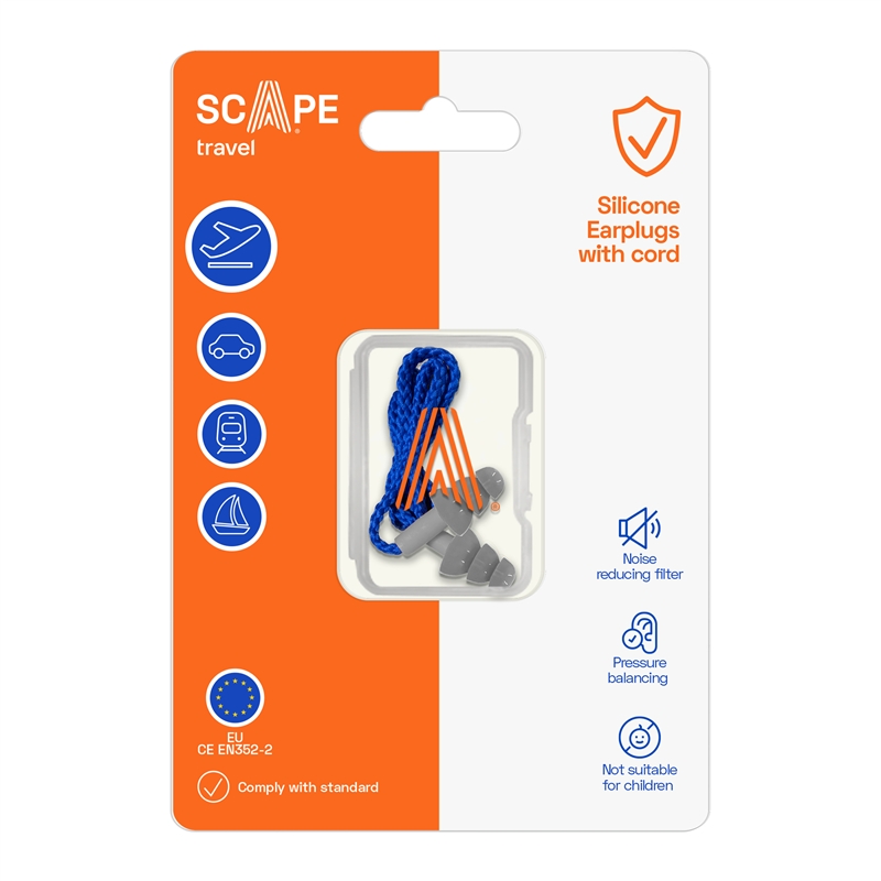 Scape Travel Reusable Silicone Ear Plugs with cord and carrying case grey