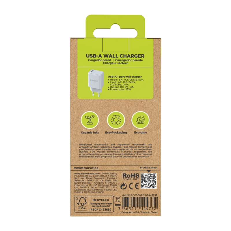 muvit for change USB wall charger 3A 15W white