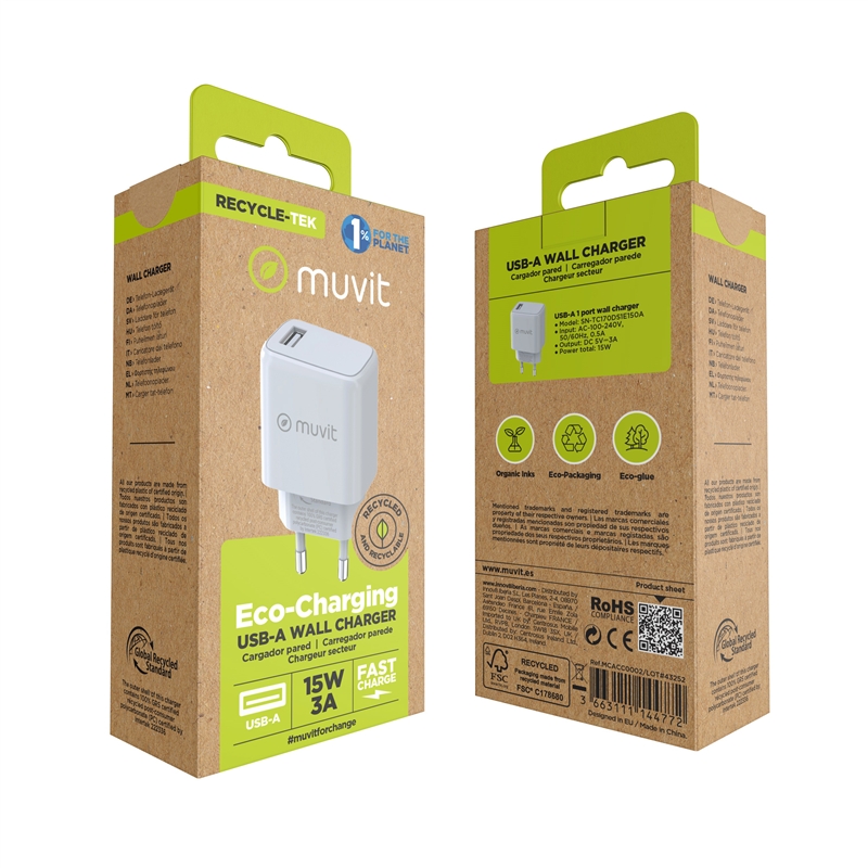 muvit for change USB wall charger 3A 15W white