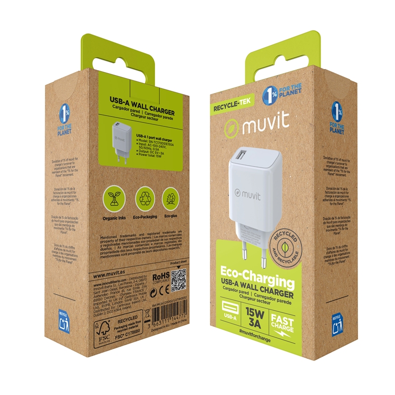 muvit for change USB wall charger 3A 15W white