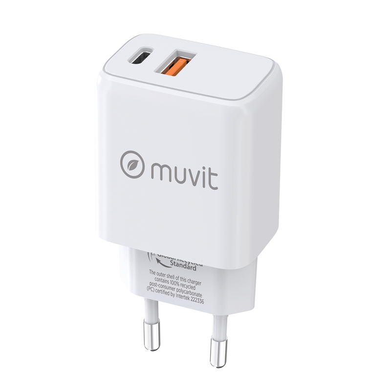 muvit for change wall charger 1 USB QC 3.0 18W+1 Type C PD  20W white