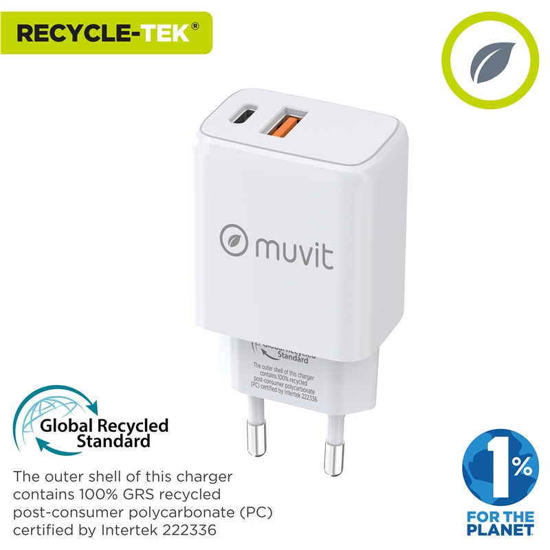 muvit for change wall charger 1 USB QC 3.0 18W+1 Type C PD  20W white