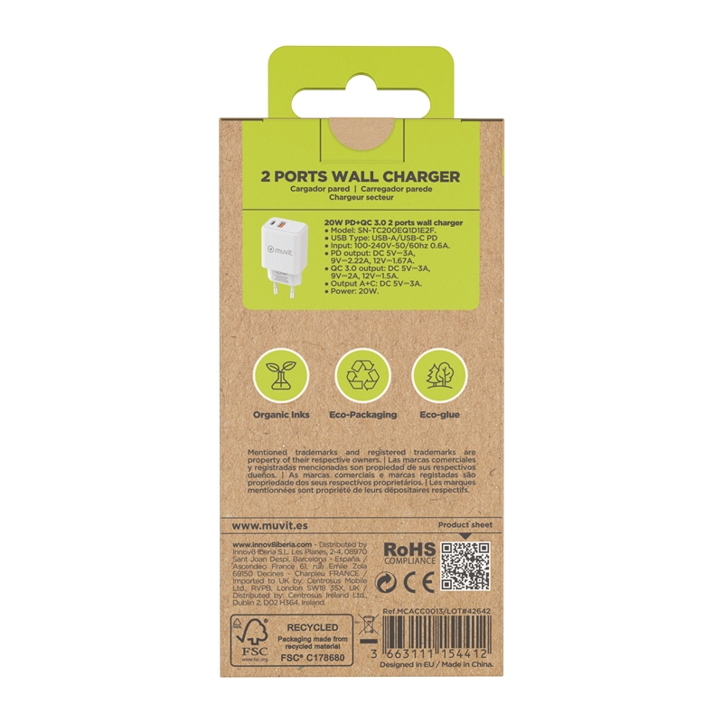 muvit for change wall charger 1 USB QC 3.0 18W+1 Type C PD  20W white