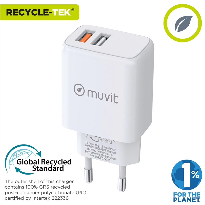 muvit for change wall charger 2 USB 3.4A/18W white