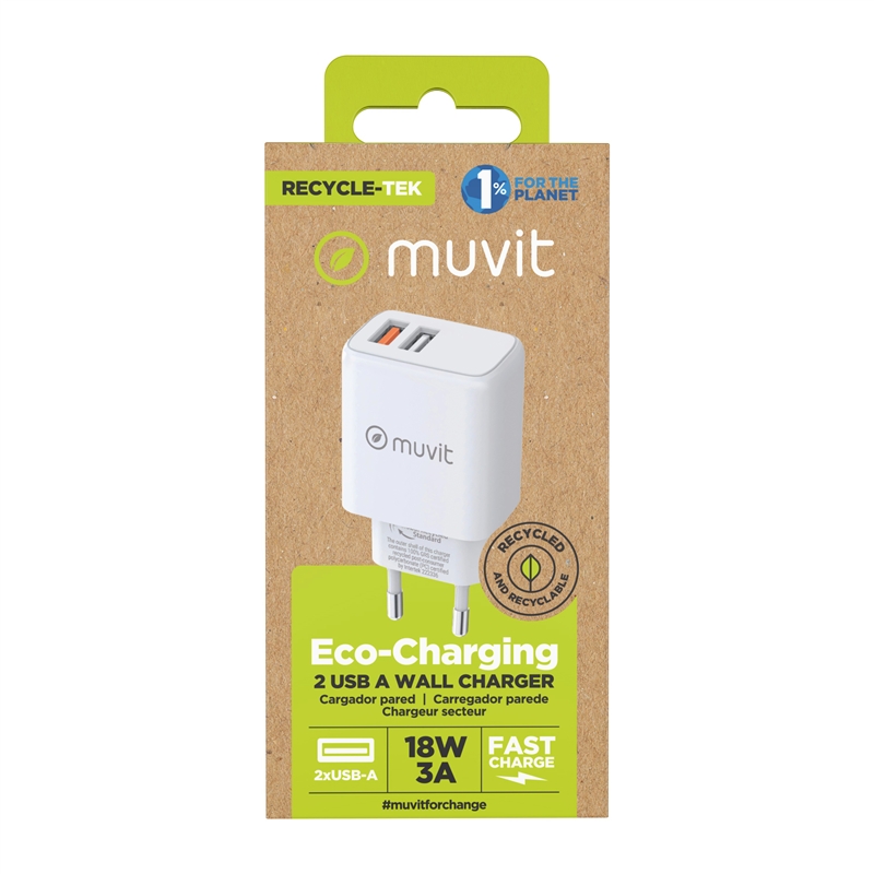 muvit for change wall charger 2 USB 3.4A/18W white