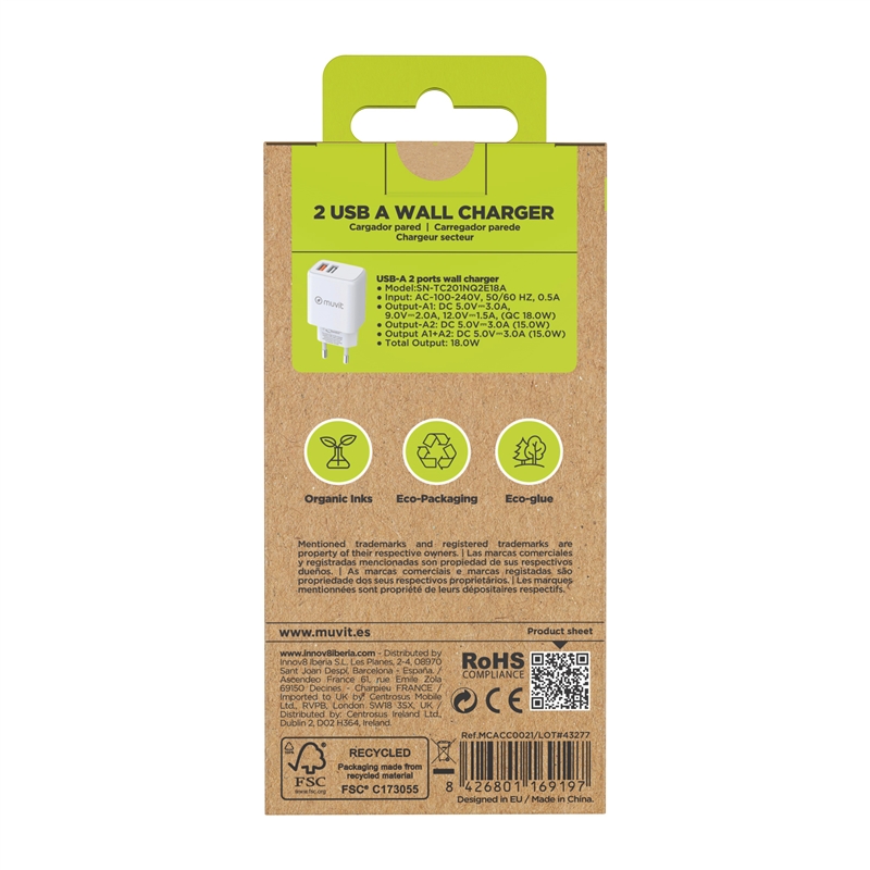 muvit for change wall charger 2 USB 3.4A/18W white