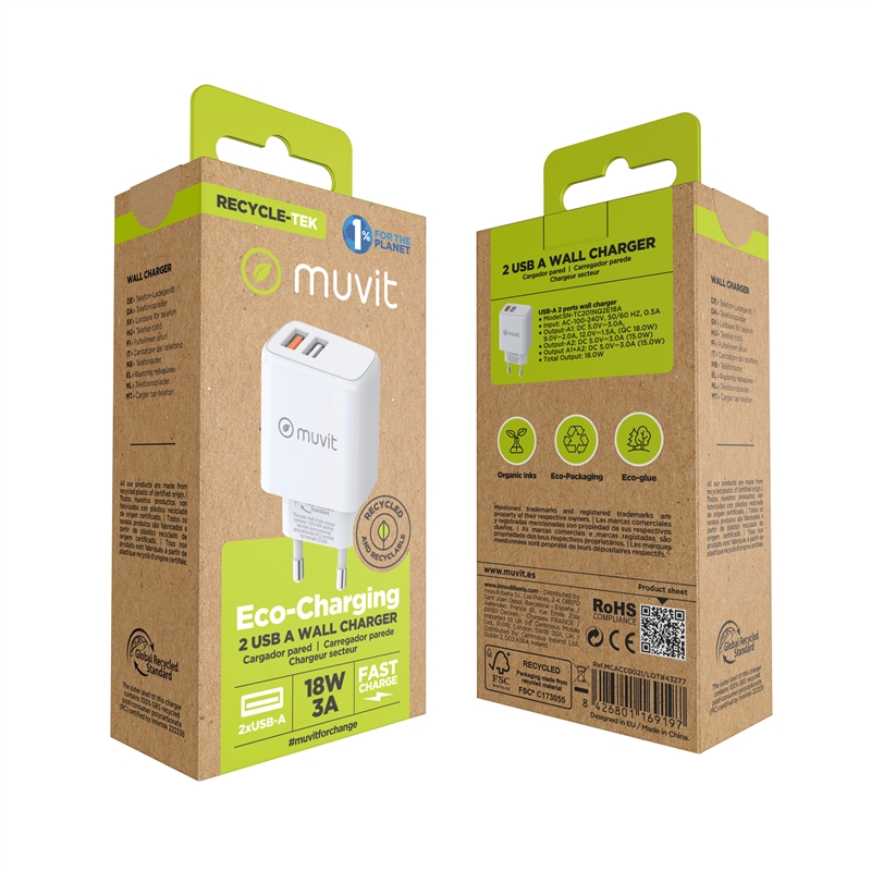 muvit for change wall charger 2 USB 3.4A/18W white