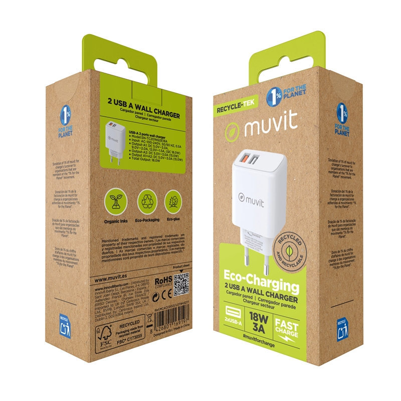 muvit for change wall charger 2 USB 3.4A/18W white