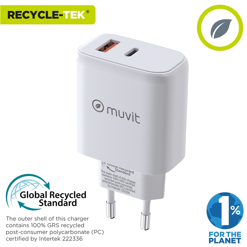 muvit for change wall charger 1 USB 12W+1 Type C PD 45W white