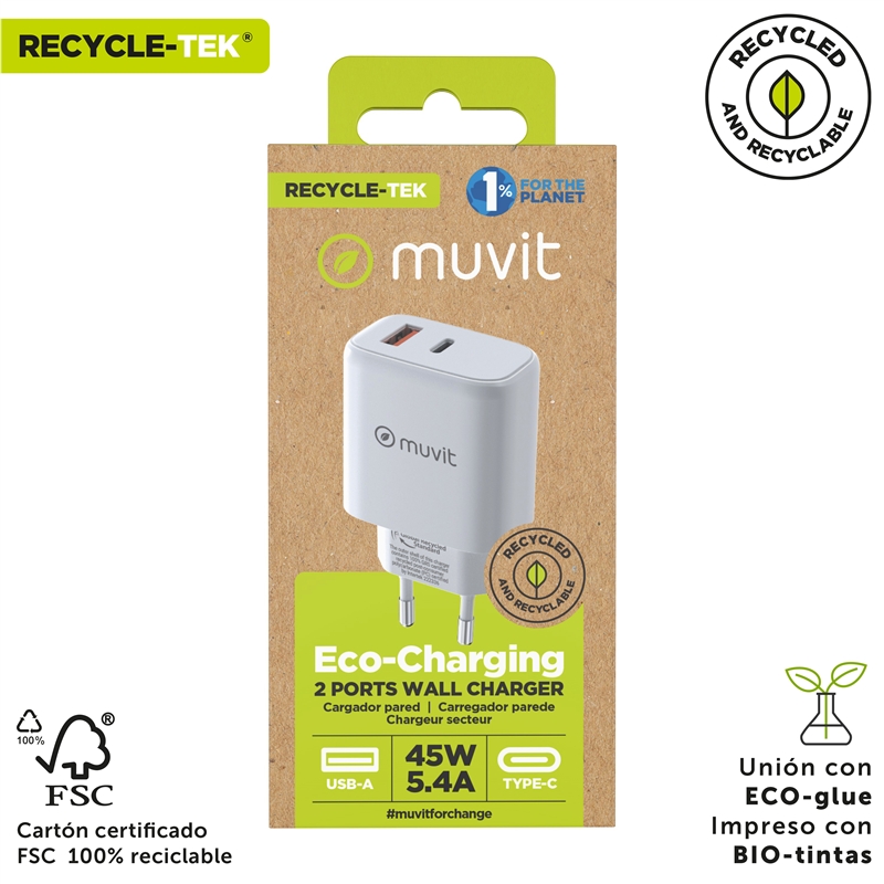 muvit for change wall charger 1 USB 12W+1 Type C PD 45W white
