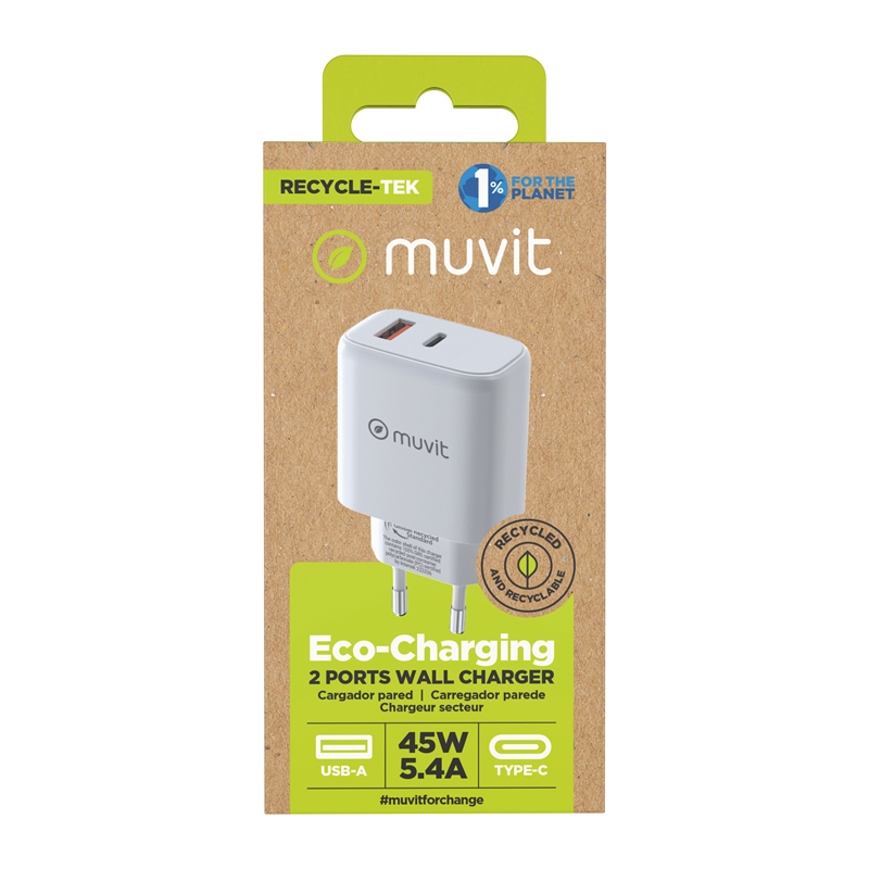 muvit for change wall charger 1 USB 12W+1 Type C PD 45W white