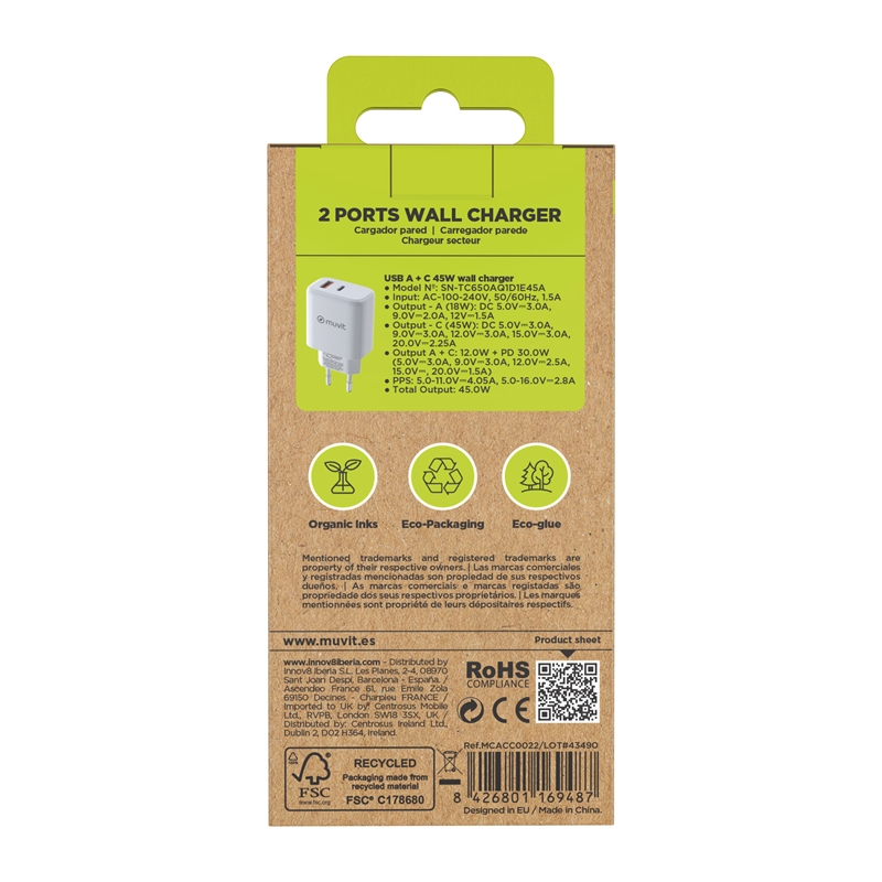 muvit for change wall charger 1 USB 12W+1 Type C PD 45W white