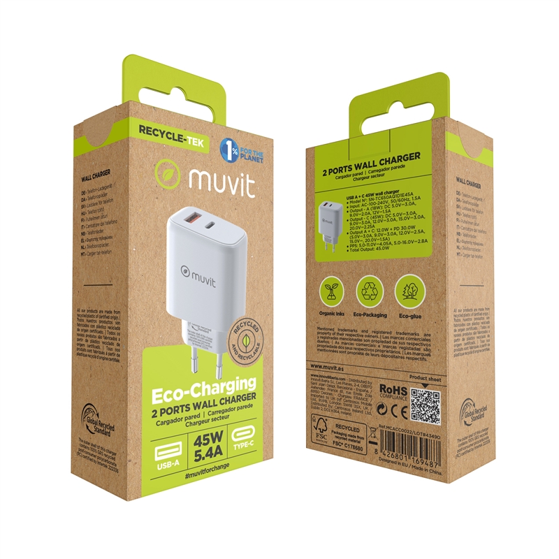 muvit for change wall charger 1 USB 12W+1 Type C PD 45W white