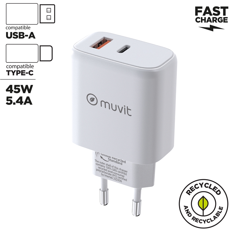 muvit for change wall charger 1 USB 12W+1 Type C PD 45W white