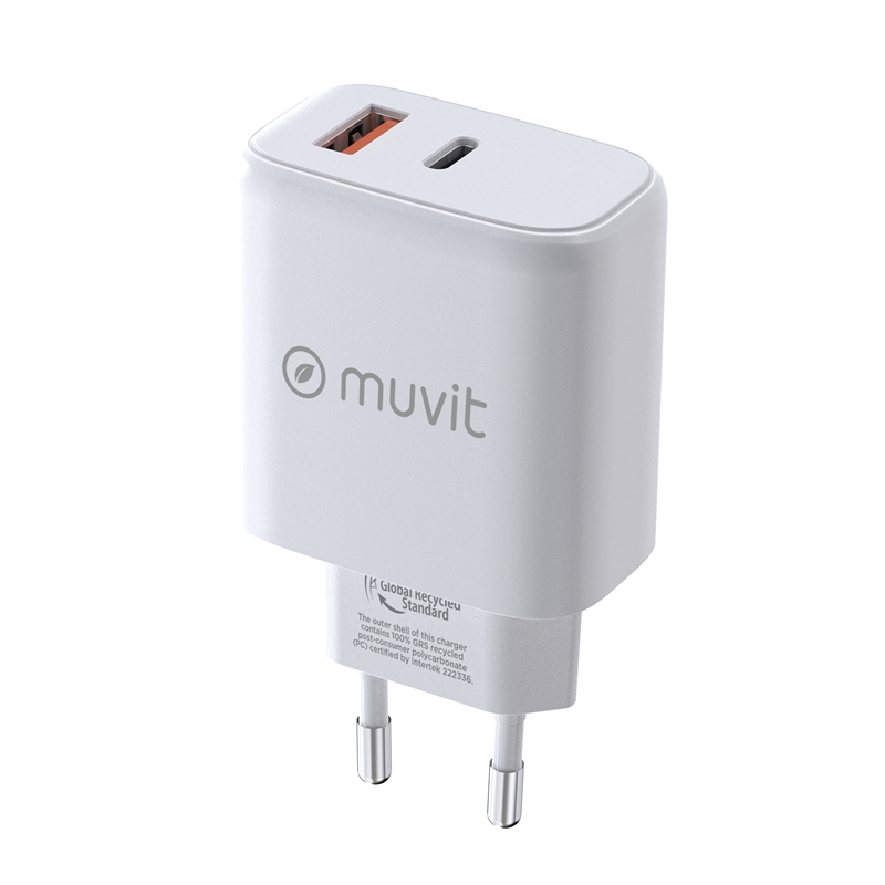 muvit for change wall charger 1 USB QC 3.0 18W+1 USB Type C PD 65W white