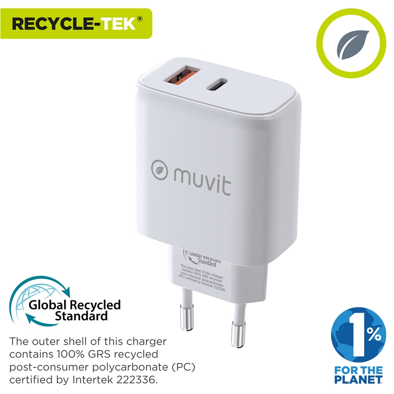 muvit for change wall charger 1 USB QC 3.0 18W+1 USB Type C PD 65W white