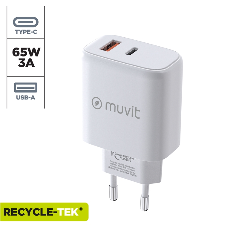 muvit for change wall charger 1 USB QC 3.0 18W+1 USB Type C PD 65W white