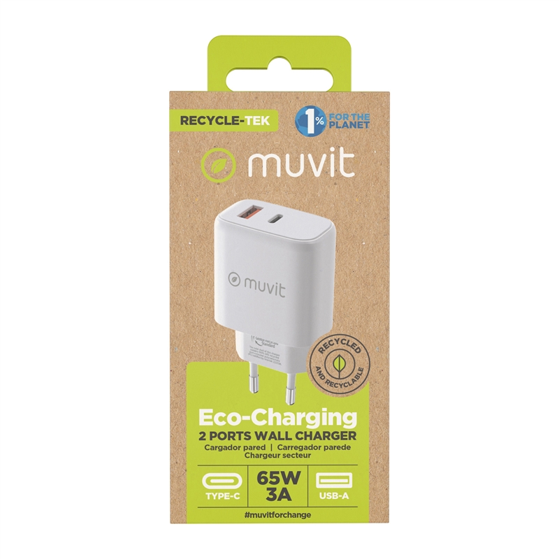 muvit for change wall charger 1 USB QC 3.0 18W+1 USB Type C PD 65W white