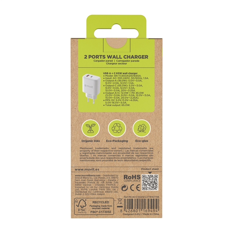 muvit for change wall charger 1 USB QC 3.0 18W+1 USB Type C PD 65W white