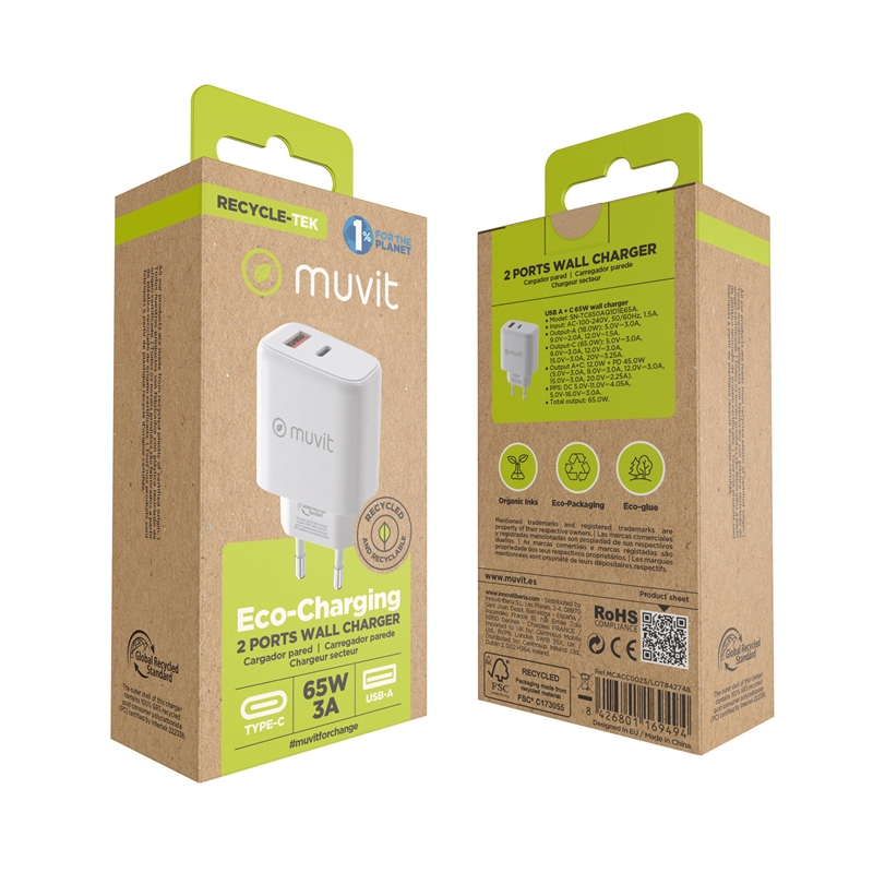 muvit for change wall charger 1 USB QC 3.0 18W+1 USB Type C PD 65W white