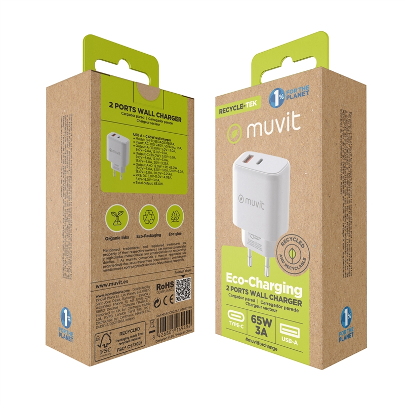 muvit for change wall charger 1 USB QC 3.0 18W+1 USB Type C PD 65W white