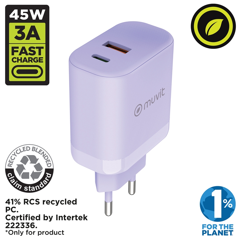 muvit for change wall charger 1 USB 36W+1 USB Type-C PD 45W lavender